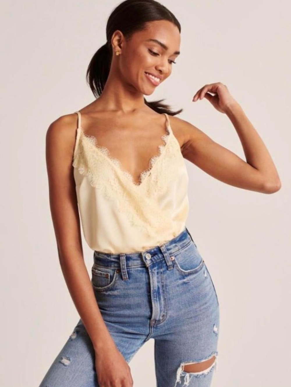 Abercrombie Lace Trim Satin Bodysuit - Butter Yellow